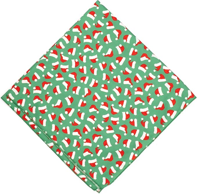 THE WORTHY DOG Classic Tie-On Dog Bandana – Soft Cotton Flannel Square Pet Bandana, Santa Hats Pattern, Green, Small