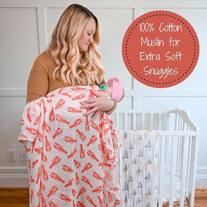 LollyBanks Muslin Swaddle Blankets for Boys and Girls, 100% Cotton Baby Blanket, Large 47 x 47 Inches Breathable Swaddles for Newborn, Gender Neutral Baby Swaddle Blanket, Registry (Lobster Print)