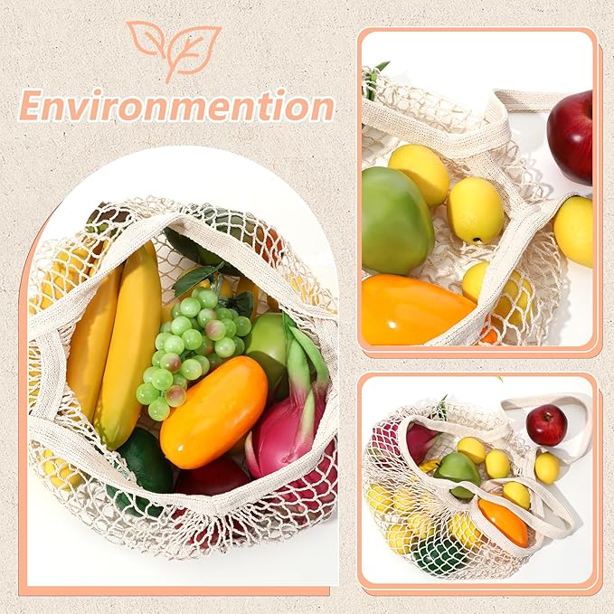 2 Pack Reusable Cotton Mesh Farmers Market Bag, Grocery Tote Net Shopping Bag, Washable Durable Portable Net String Produce Shopping Bags with Long Handle for Fruits, Vegetables, Shoppings (Beige)