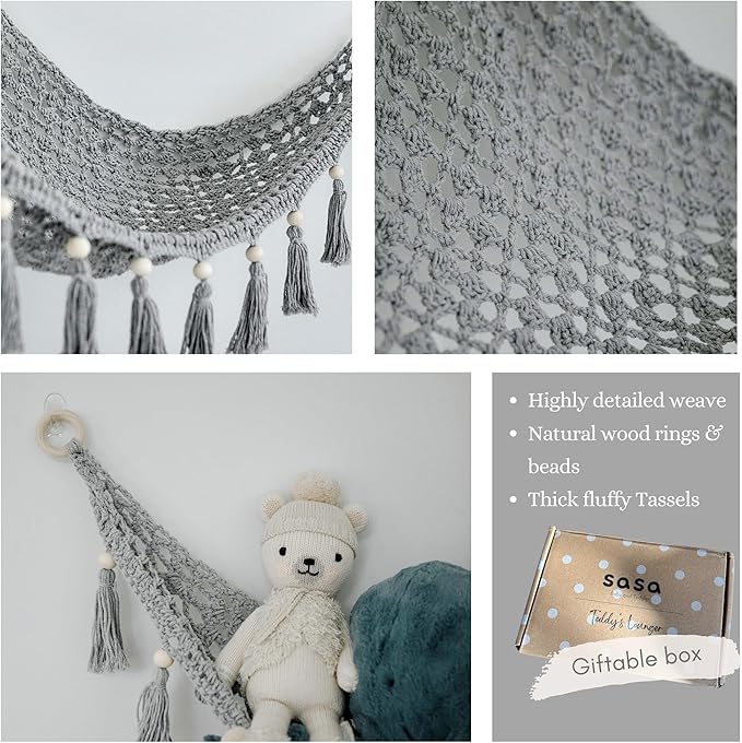 Sasa Baby and Toddler Macrame Toy Hammock for Stuffed Animals - Plush Toy Hammock, Grey Nursery Decor, Hanging Stuffed Animal Organizer, Pebble Grey