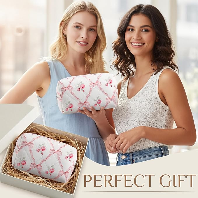 Paterr 6 Pcs Quilted Makeup Bag Bulk for Women Girls Birthday Valentine's Day Bridesmaid Gifts Cute Cotton Cosmetic Pouch Bow Floral Coquette Aesthetic Travel Toiletry Bag(Bowknot Rose,Pink)