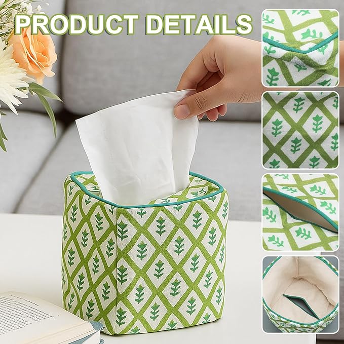 Mimorou Green Color Print Tissue Cover - Floral Print Tissue Box & Decorative Square Napkin Holder Handmade Cotton for Home Bedroom Vanity Countertop Night Stands Office