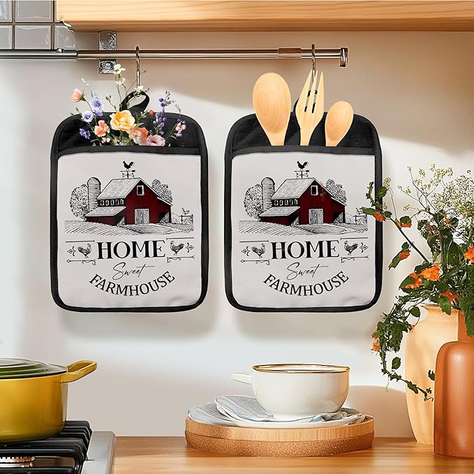 Home Sweet Farmhouse Chicken Oven Mitts Set, Chicken Gifts for Lovers Women, Farmhouse Heat Resistant Kitchen Oven Gloves for Baking and Cooking,Pot Holders