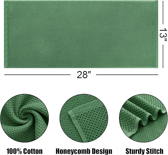 Kitinjoy 100% Cotton Waffle Weave Kitchen Towels, 4-Pack Super Soft and Absorbent Dish Towels for Drying Dishes, Kitchen Hand Towels, 13 in x 28 in, Grass Green