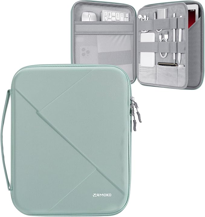 MoKo 13 inch Tablet Sleeve Bag for 13 inch iPad Pro M5/Air M3 2025, iPad Pro 13 M4/Air M2, Pro 12.9, Galaxy Tab S8+/S9+ 12.4, Hard Shell EVA iPad Bag with Storage and Padded Handle, Bodhi Green
