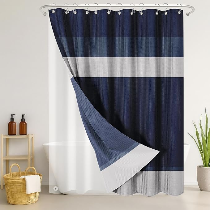 Nesphy Shower Curtain and Liner, Navy Blue Striped 3 in 1 Shower Curtain and PEVA Liner Set with 12 Rust-Resistant Metal Hooks, Waterproof Fabric Shower Curtains for Bathroom, 72 W x 72 H