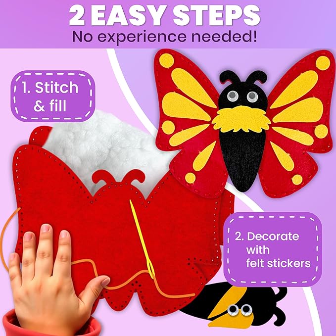 QUOKKA Kids Crafts Ages 4-8, DIY Beginner Needle and Thread Kit - 12 Bugs & Insects Sewing Kit Basic - Fun Art Crafts for Kids Ages 6-8 Girls Boys - Plastic Needles, Scissors - 6+ Year Old Girl Gifts