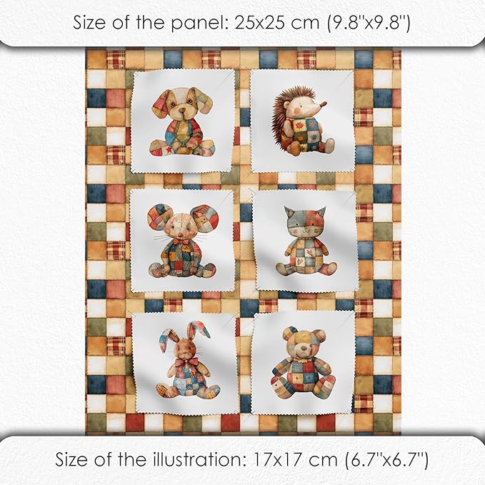 Patchwork Animals Cotton Fabric Panel – 6 Designs (10×10 inch Each) + Bonus Patchwork Sheet 29.5×19.6 inch, 100% Cotton 140 GSM