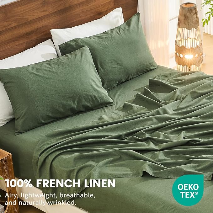 Bedlifes 100% French Flax Linen Sheets Set California King Size-6 Piece Extra Deep Pocket 18-24",Soft Breathable Cal King Bed Sheets with Temperature Regulating & Moisture-Wicking(Forest Green