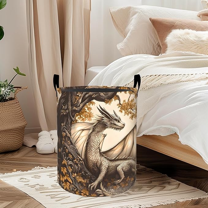 ainori Autumn Dragon Laundry Basket, Oxford Cloth Mythical Fantasy Dirty Clothes Collapsible Hamper for Room Decor, Fall Forest Print Gifts Toy Organizer 19.7 * 15.8 Inch for Bedroom Bathroom Dorm