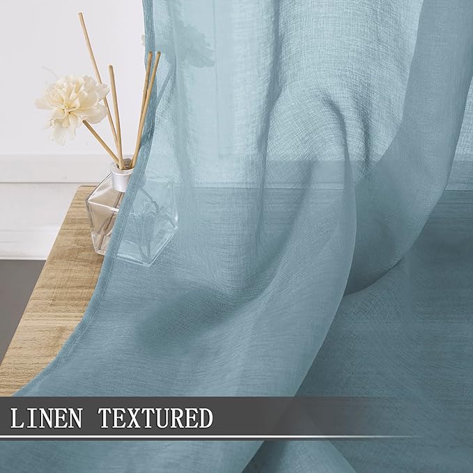 Tollpiz Short Sheer Curtains Linen Textured Bedroom Curtain Sheers Light Filtering Rod Pocket Voile Curtains for Living Room, 54 x 45 inches Long, Dusty Blue, Set of 2 Panels