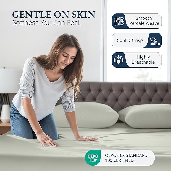 LANE LINEN Twin XL Fitted Sheet, 100% Organic Cotton 2-Piece Set (1 Fitted Sheet, 1 Pillowcase), Percale Weave, Bottom Sheet, Soft, Breathable, Fits Mattress Upto 15" Deep - Mineral (No Flat Sheet)