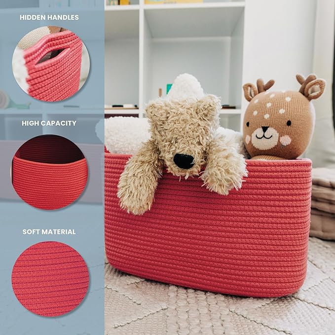 OrganiHaus Woven Storage Baskets for Organizing, Cotton Rope Organizer Bins for Shelves, Closet & Nursery, Dog Toy Basket, Decorative Bins for Toys, Towels & Books - 15x10x9, Coral