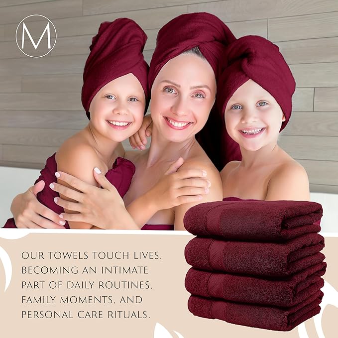 MAURA Wine Red Extra Large Turkish Cotton Luxury Bath Towels Set of 4. Ultra-Soft, Thick & Plush Towels for Bathroom - Burgundy