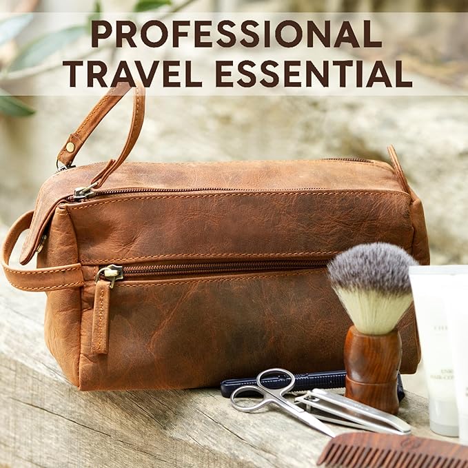 Rustic Town Leather Wash Bag for Men - Travel Toiletry Bag - Shaving Dopp Kit Toiletries Organizer - Leather Makeup Bag for Women