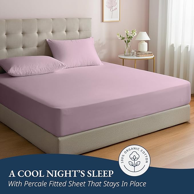 LANE LINEN 100% Organic Cotton Fitted Bed Sheets (+Pillowcase) 3 Pc Set Soft & Comfy Fully Elasticized Mercerized Cotton Deep Pocket Queen Fitted Sheet Fits Mattress Upto 15" Deep - Lilac