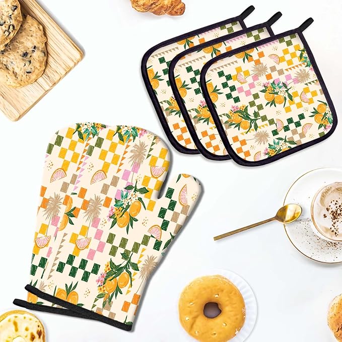 Summer Oven Mitts and Pot Holders Set, Lemon Orange Heat Resistant Oven Gloves - Comfortable and Easy to Clean - Perfect Kitchen Accessories for Durability and Style