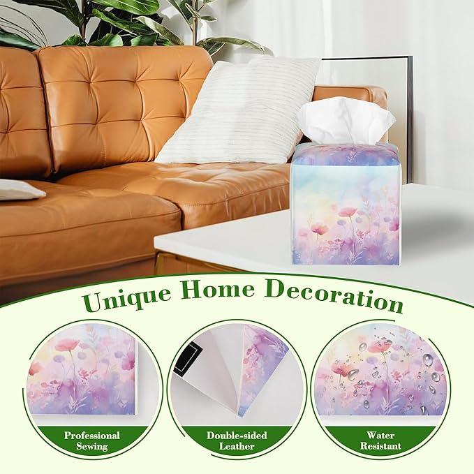 Watercolor Colored Pastel Boho Floral Tissue Box Cover Square Leather Tissue Holder Waterproof Facial Paper Organizer Dispenser Cube Paper Cover Case for Home Office Bathroom Vanity Countertop