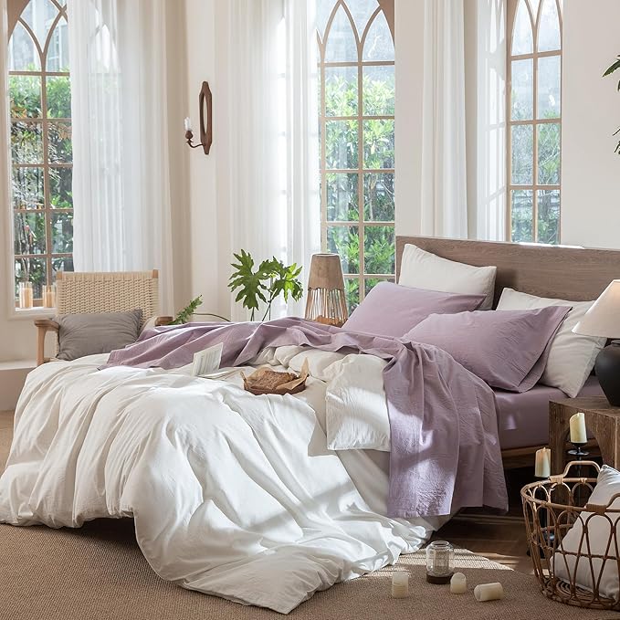 MooMee Bedding Sheet Set 100% Washed Cotton Linen Like Textured Breathable Durable Soft Comfy (Heathered Light Purple, Full)