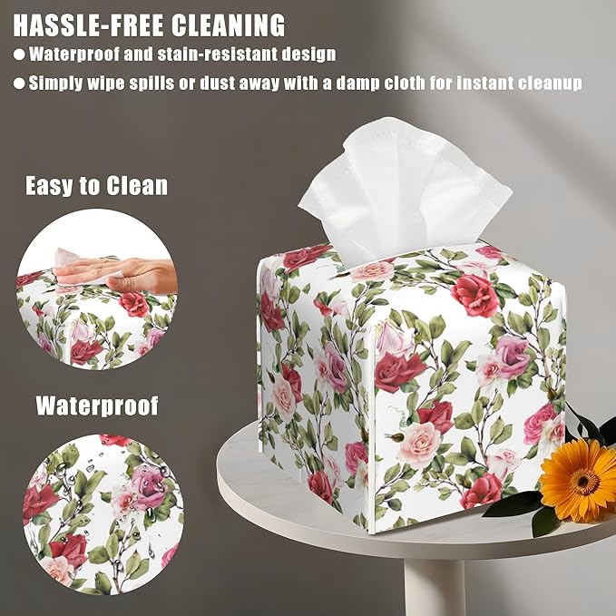 BLYKVGHQ Watercolor Rose Flower Tissue Box Cover Square, Tissue Box Holder with Bottom Belt Leather Facial Paper Organizer Dispenser for Bathroom Bedroom Dresser Night Stand Tabletop