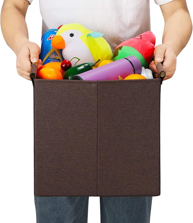 HOONEX Collapsible Storage Bins, 12x12x12in Storage Cubes Linen Fabric, Pack of 3, Storage Baskets with Wooden Carry Handles and Sturdy Heavy Cardboard, for Home, Office, Car, Nursery, Brown