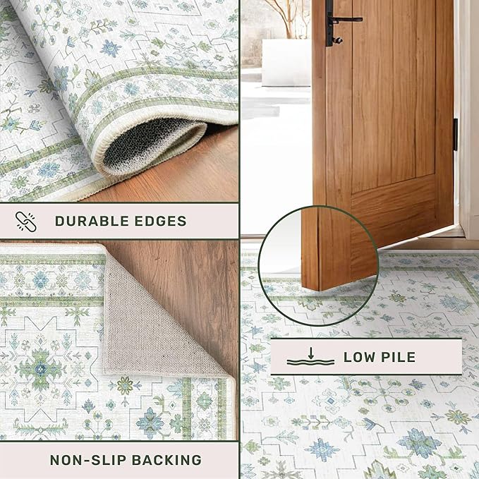 Blue and Green Washable Rugs 3x6 - Vintage Boho Floral Pastel Cream, Washable Low Pile Non Slip Small Throw Accent Area Rug for Entry Way, Laudry Room, Kitchen, Bedroom Beside Bed Decor