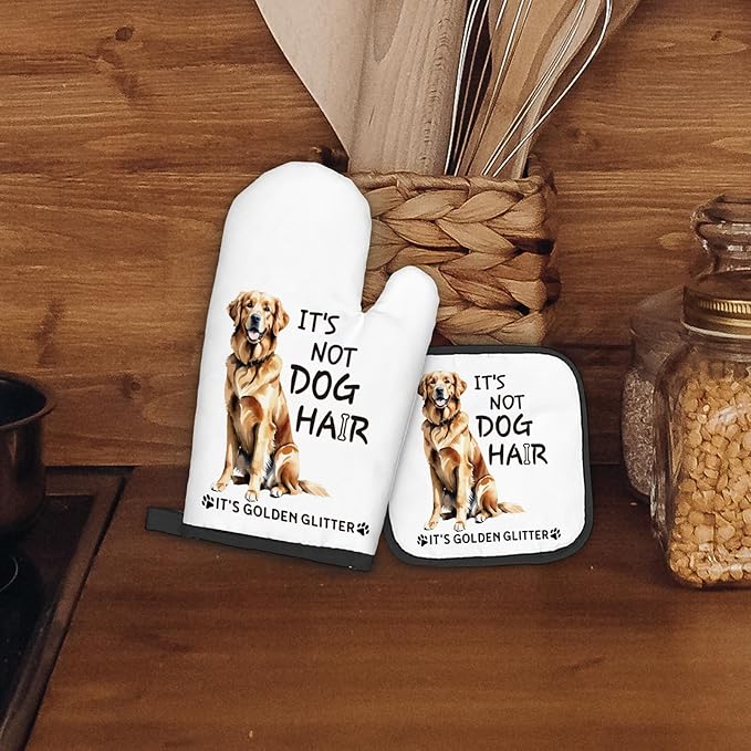 Golden Retriever Gifts Dog Oven Mitts and Pot Holders Sets, Golden Retriever Decor Kitchen Accessories Sets, It’s Golden Glitter Dog Heat Resistant Oven Glove Potholders for Kitchen Baking