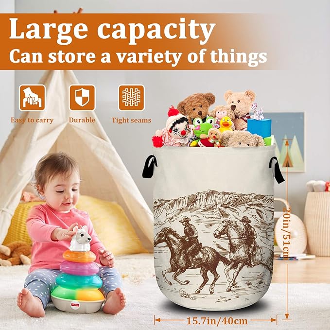 Western Desert Cowboy Laundry Basket with Sturdy Handles, Hand Drawn Collapsible Oxford Cloth Laundry Hamper Organizer Basket for Bathroom Bedroom 15.7x20 Inch