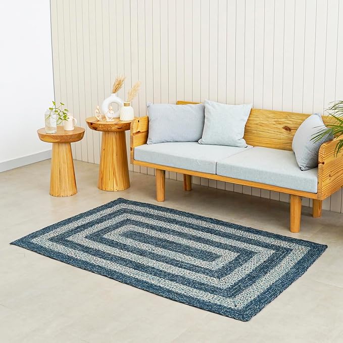 Traditional Jute Braided Rug, Rustic Country Décor for Kitchen, Living Room, Dining Room, Bedroom, Denim Blue, 4'X6'