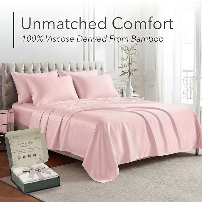 DECOLURE 100% Viscose Derived from Bamboo Sheets King Size - Luxury 6 Pc Naturally Cooling Sheets, Ultra Soft Bed Set - Deep 17" Pockets, Durable Double Stitching, Oeko Tex Standard (Light Pink)