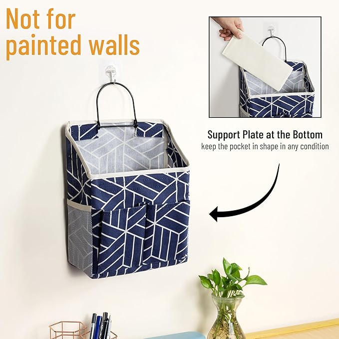 HZZTY BRNY 2pcs Wall Hanging Storage Bag, Small Door Closet Linen Fabric Pockets Organizer, Waterproof Multi Functional for Living Room Bedroom Bathroom Kitchen RV Camper with Hooks Pattern Navy