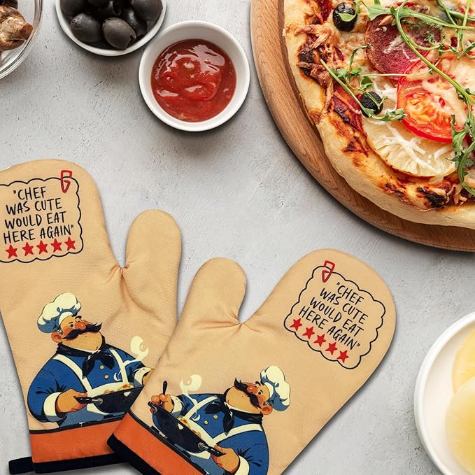 2 Pack Funny Oven Mitts for Men, Chef was Cute Would Eat Here Again, Heat Resistant Silicone Non-Slip Mitts, Baking Cooking Gifts for Chef Friend, Christmas Birthday Gifts for Dad Husband