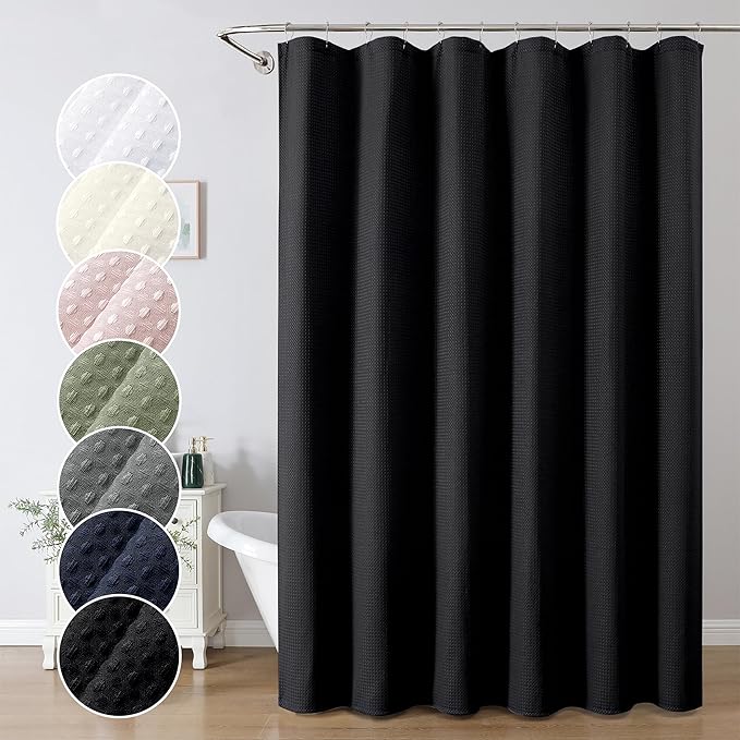 OWENIE Black Shower Curtain 96 Inch Extra Long, Waffle Weave Textured Fabric Bathroom Curtains, Water Repellent Thick Soft Hotel Spa Luxury Elegant Bath Curtain, Machine Washable, Black, 72x96 Inch