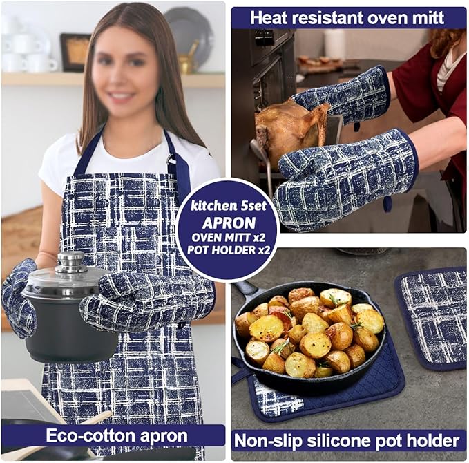 Oven Mitts and Pot Holders with Cooking Apron,Set of 5 Heat Resistant Kitchen Gloves and Silicone Non-Slip Potholders Adjustable Neck Buckle Chef Apron, Cotton Nice Design for Cooking (Navy)