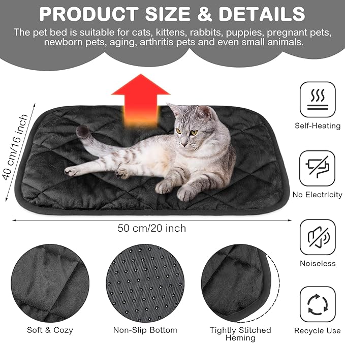 Clysee 2 Pack Self Heating Cat Mat Self Warming Pet Pads Washable Kennel Mat Dog Crate Pad Reflects Body Heat Non Skid Cat Thermal Pads for Puppy Indoor Outdoor(Black,16 x 20 Inches)
