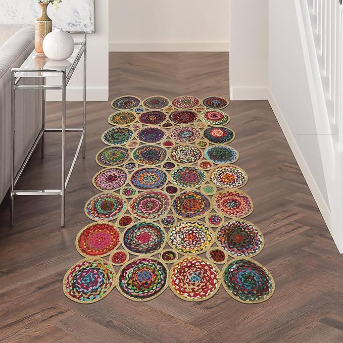 Scalloped Edge Rug, Hand Woven Natural Chindi Cotton and Jute Area Rug, 8x11 Ft Beige & Multicolor Braided Kilim Rugs for Living Room, Kitchen, Entryway, Farmhouse