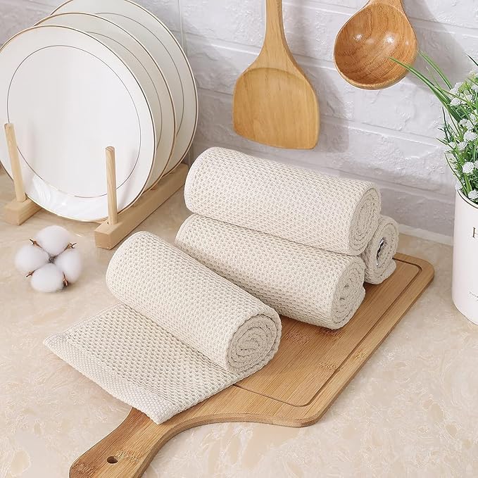 Kitinjoy 100% Cotton Waffle Weave Kitchen Towels, 12-Pack Super Soft and Absorbent Dish Towels for Drying Dishes, Kitchen Hand Towels, 13 in x 28 in, Beige