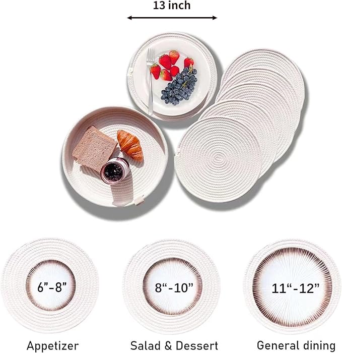Art PineCone's Woven Cotton Rope Round Placemats Set of 4 with Holder Included, Non-Slip, and Heat Resistant Shabby Chic Placemats (Off White, 13 inches, 6PC)