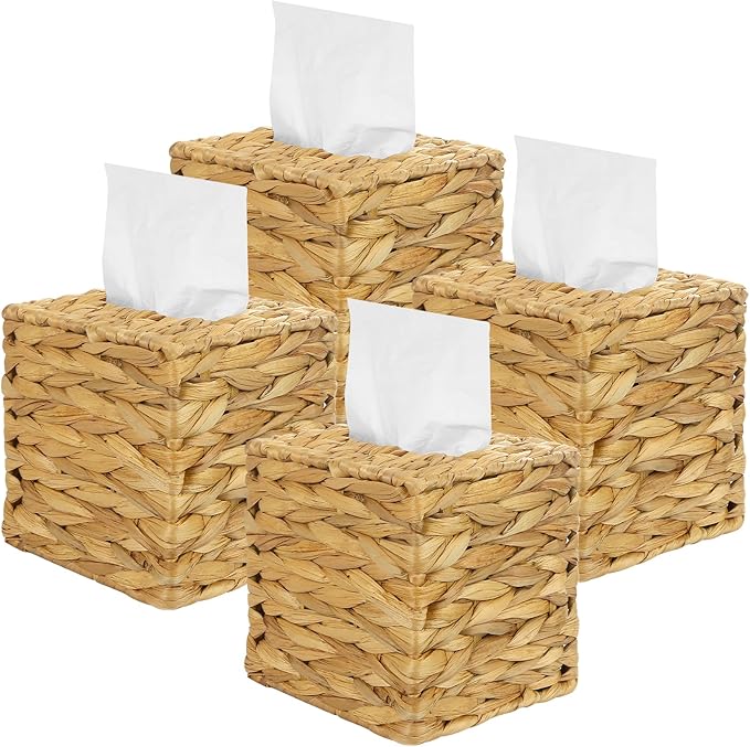 4 Pack Water Hyacinth Tissue Box Cover – Handwoven Rattan Square Holder, Natural Boho Decorative Organizer for Facial Tissues in Bathroom, Living Room, Bedroom & Office
