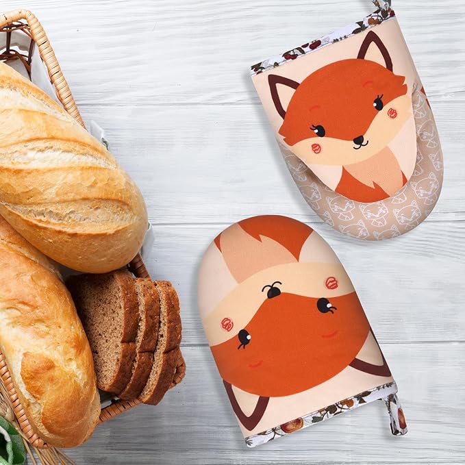 Mini Oven Mitts Cute,Silicone Oven Mitts Heat Resistant 500℉ with Non-Slip Grip and Soft Quilted Cotton Lining for Kitchen Cooking and Baking. Machine Washable-Fox