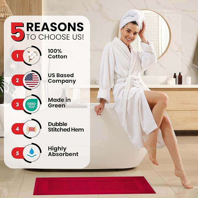 Infinitee Xclusives Premium Cotton Bath Mats for Bathroom – Pack of 2 | 34x22 Inches | Ultra Soft, Super Absorbent, Non-Slip, Machine Washable Mats (Burgundy) [Not a Rug]