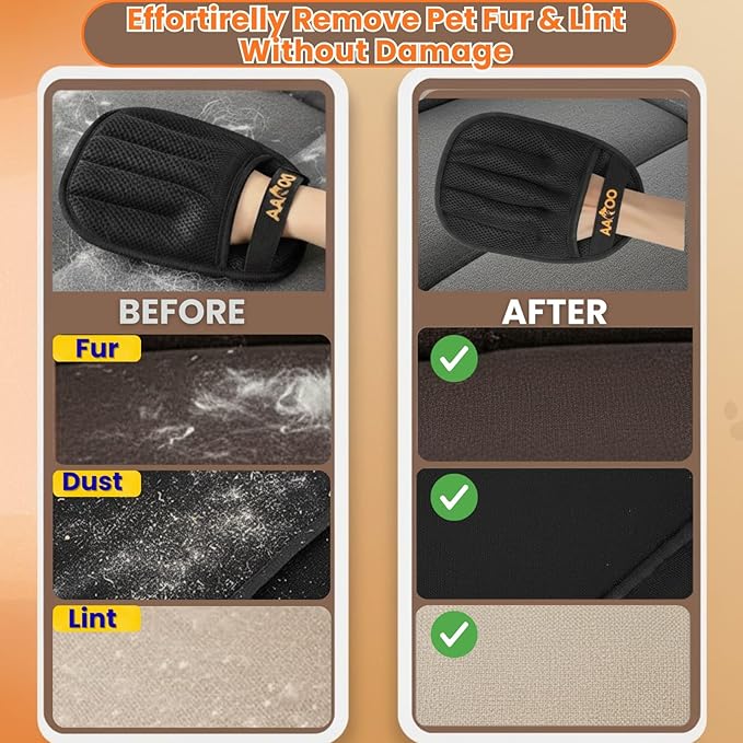AAROO Pet Hair Removal Glove for Cats & Dogs with Silicone Pet Toothbrush – Reusable Magic Brush – Five-Finger Electrostatic Pet Hair Remover Glove for Laundry, Couch, Carpet & Car Seat