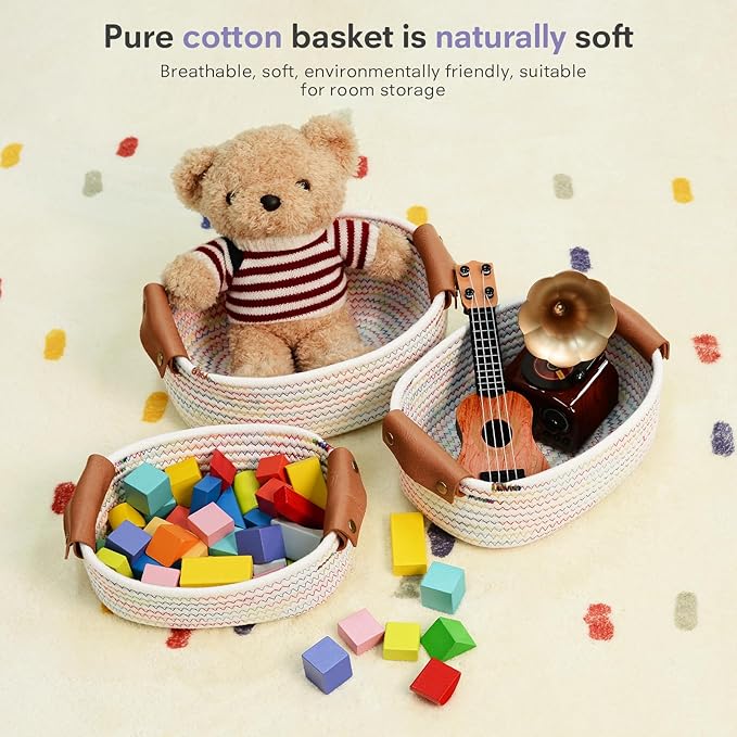 ECDYQXVU 5 Piece Storage Baskets Small Woven Basket with Detachable Leather Handle, Cotton Rope Shelf Baskets for Closet Organizers, Different Sizes Basket Decor, Rainbow