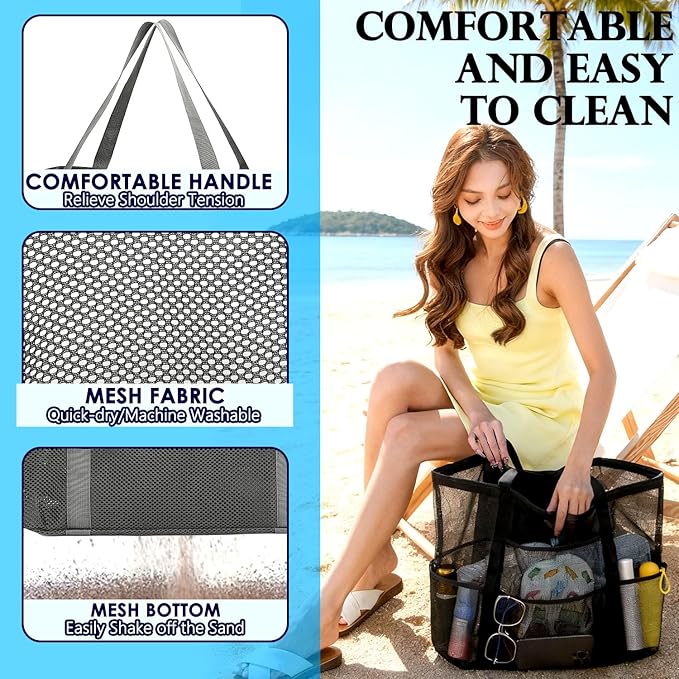 Fammart Mesh Beach Bag, Large Beach Tote with Zipper Pocket for Family Pool Bag for Toys & Vacation Essentials