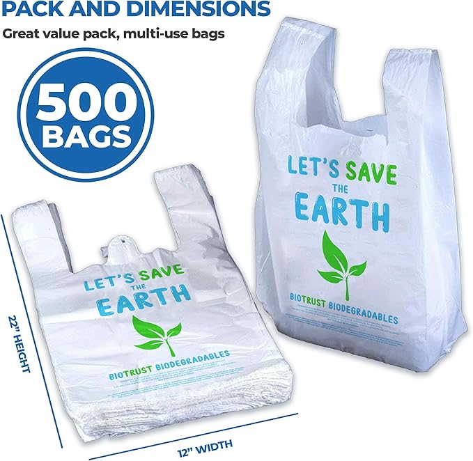 Biodegradable Thank You Bags | 500 Count - Bulk | Extra Thick, Strong, Recyclable, & Reusable | 100% Biodegradable Shopping Bags, Grocery/Restaurant/Supermarket | 12” x 6.5” x 22” | Made in USA