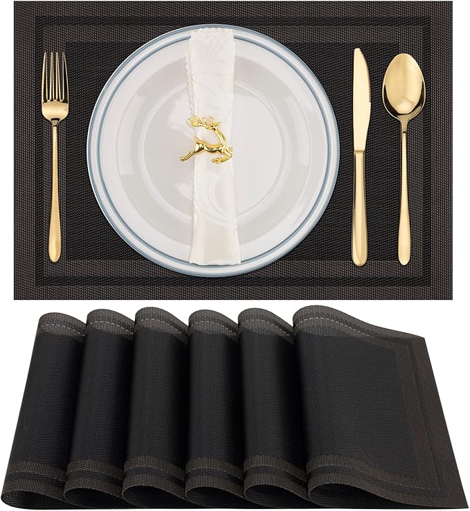 Winknowl Placemats Set of 6，Heat Resistant Woven Vinyl Washable PVC Place Mats，Non-Slip Stain Resistant Indoor/Outdoor Table Mats for Dining Table (Black Brown)