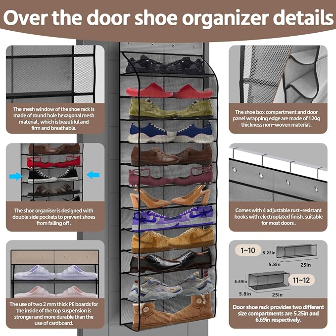 PAULONE 12 Pocket Over the Door Shoe Organizer,Reusable Breathable Large Mesh Bag Men's & Women's Sneaker Organizer,Shoe Organizer for Kids,Hanging Shoe Storage Hanging Bag (Gray)