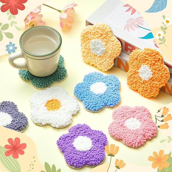 Preboun 8 Pcs Flower Punch Needle Coaster Kit, Punch Needle Embroidery Kit for Adults Beginners, DIY Supplies Tufted Coasters Including Yarns Hoop Tools