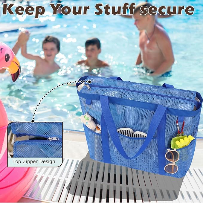 Fammart Mesh Beach Bag, Large Beach Tote Bags with Zipper, Toys Pool Bag for Family Travel Vacation Cruise Essentials