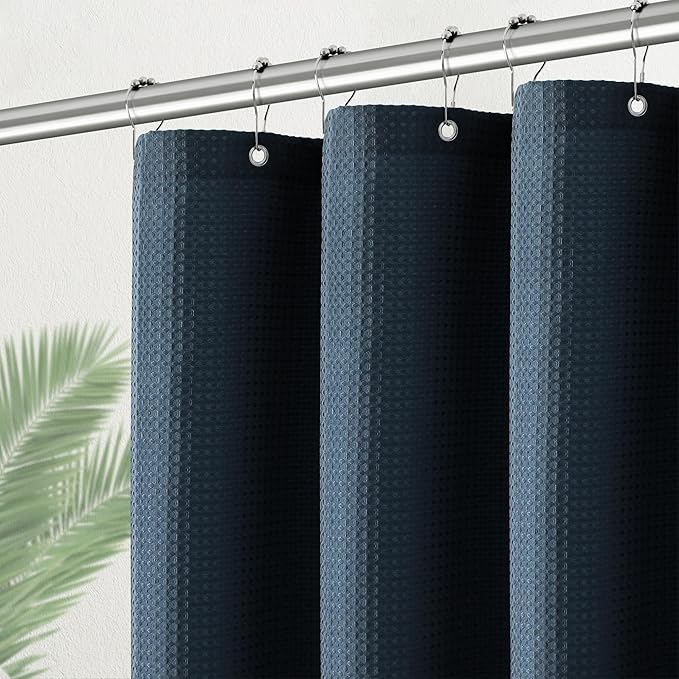 PANGSINNE Shower Curtain Fabric Washable for Stall, Waffle Weave 36 Inches Heavy Duty Navy Shower Curtain, Half Size Waterproof 256GSM Spa Luxury Shower Curtains with 6 Metal Hooks,36Wx72H Navy Blue